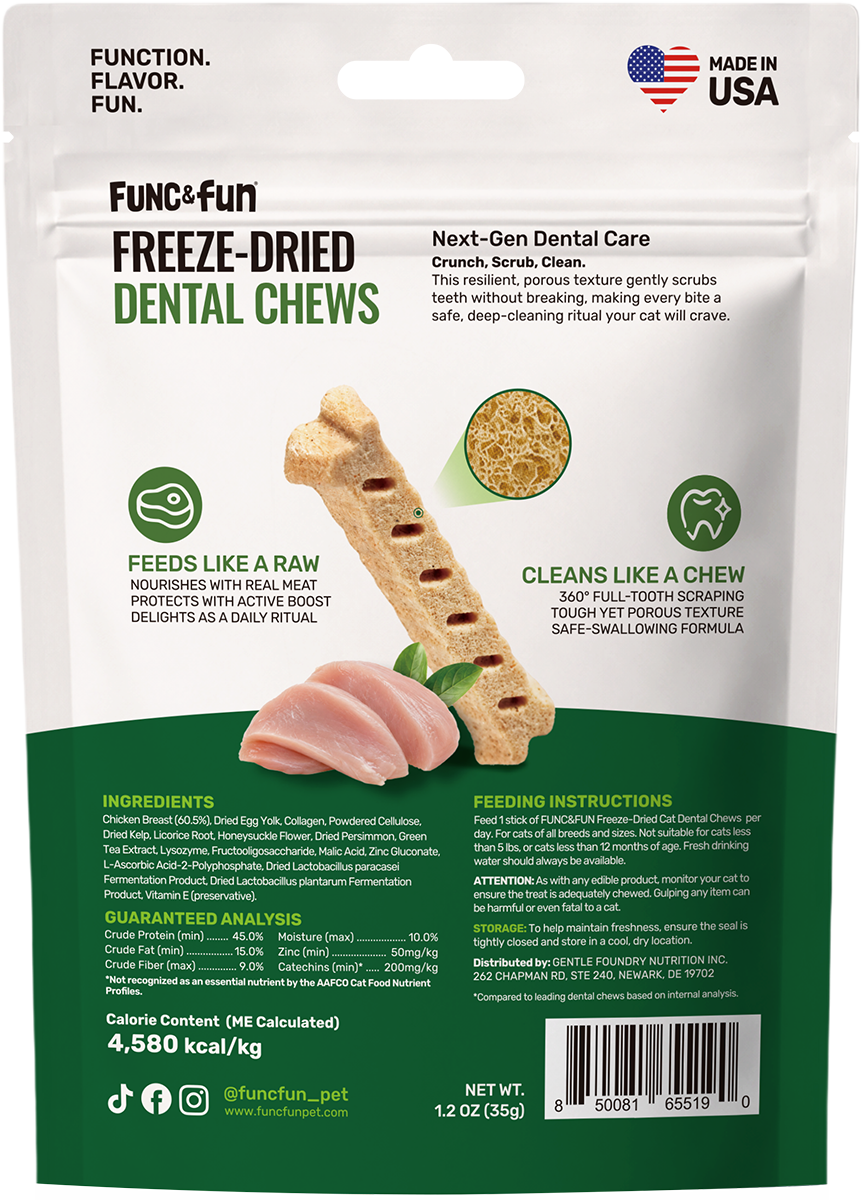 Func&Fun Freeze-Dried Dental Chews for Cats - Back Packaging with Ingredients