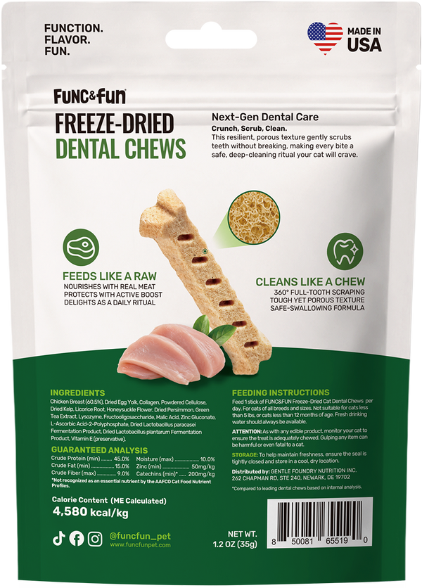 Func&Fun Freeze-Dried Dental Chews for Cats - Back Packaging with Ingredients