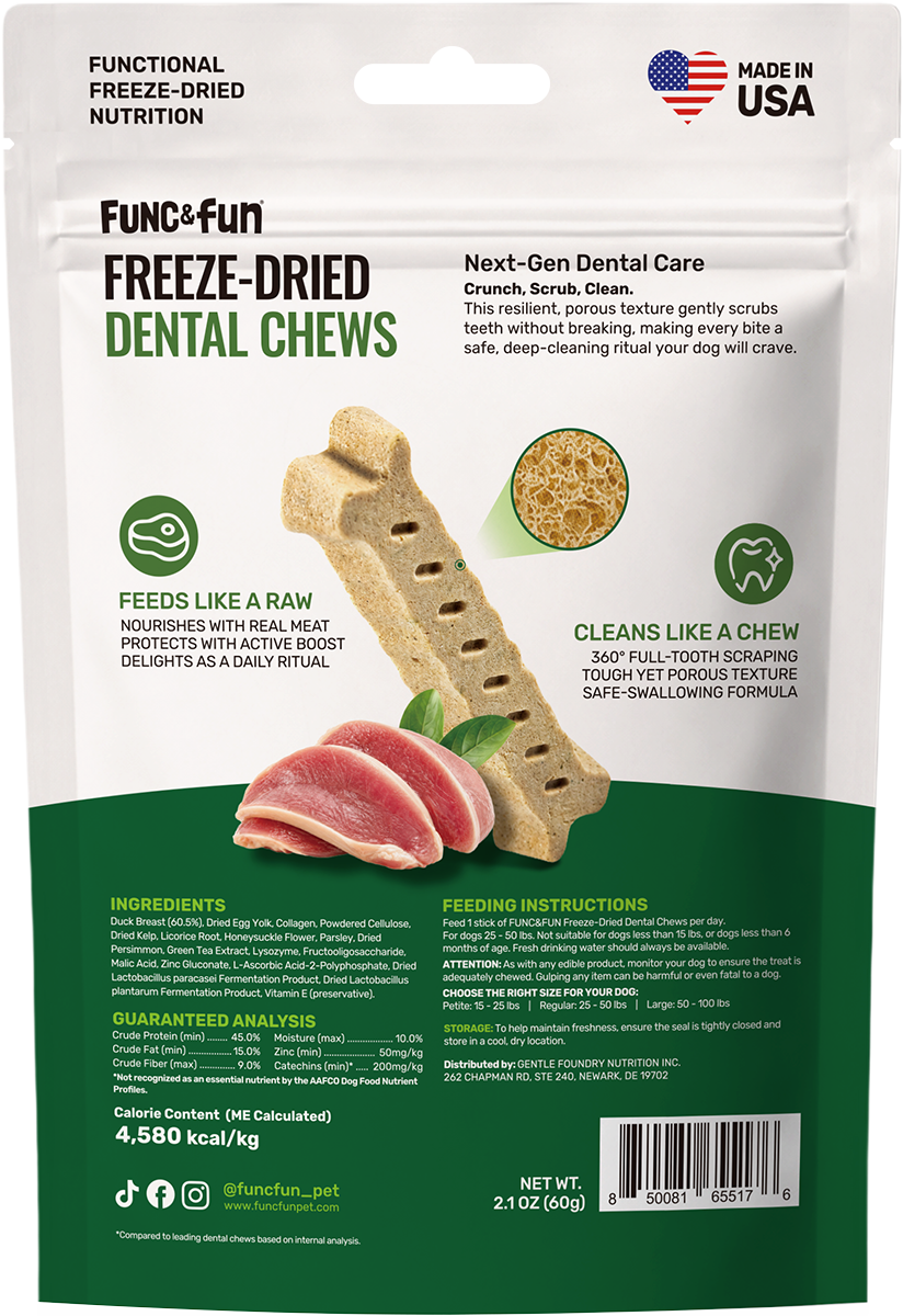 Func&Fun Freeze-Dried Dental Chews Regular - Back Packaging with Ingredients