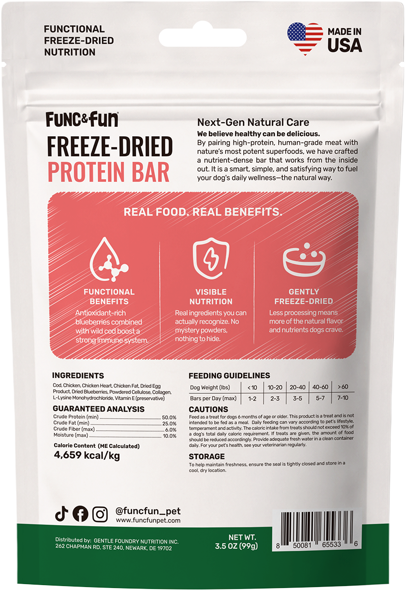 Func&Fun Freeze-Dried Protein Bar Immune Support - Back Packaging with Ingredients