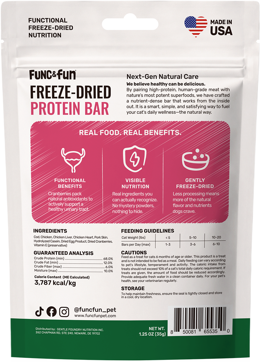 Func&Fun Freeze-Dried Protein Bar Urinary Care - Back Packaging with Ingredients