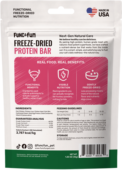 Func&Fun Freeze-Dried Protein Bar Urinary Care - Back Packaging with Ingredients