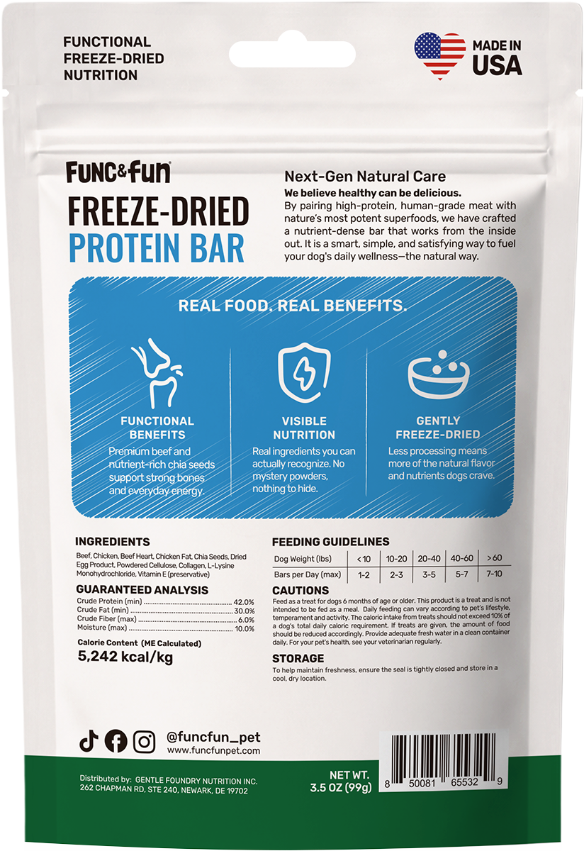 Func&Fun Freeze-Dried Protein Bar Mobility Support - Back Packaging with Ingredients