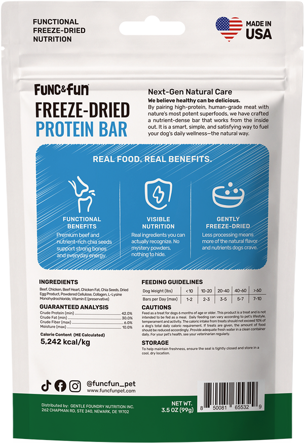 Func&Fun Freeze-Dried Protein Bar Mobility Support - Back Packaging with Ingredients