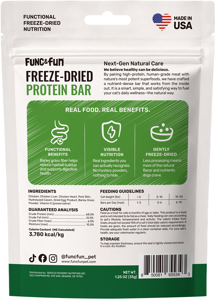 Func&Fun Freeze-Dried Protein Bar Hairball Relief - Back Packaging with Ingredients