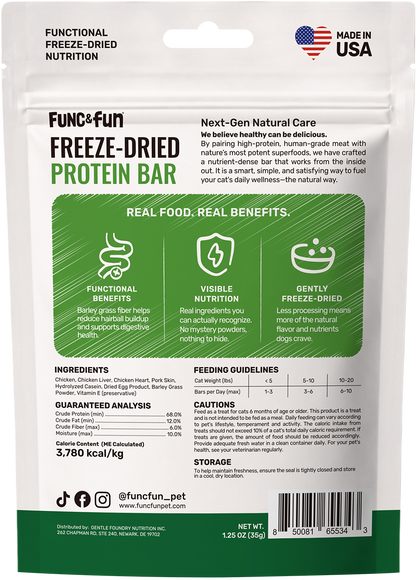Func&Fun Freeze-Dried Protein Bar Hairball Relief - Back Packaging with Ingredients