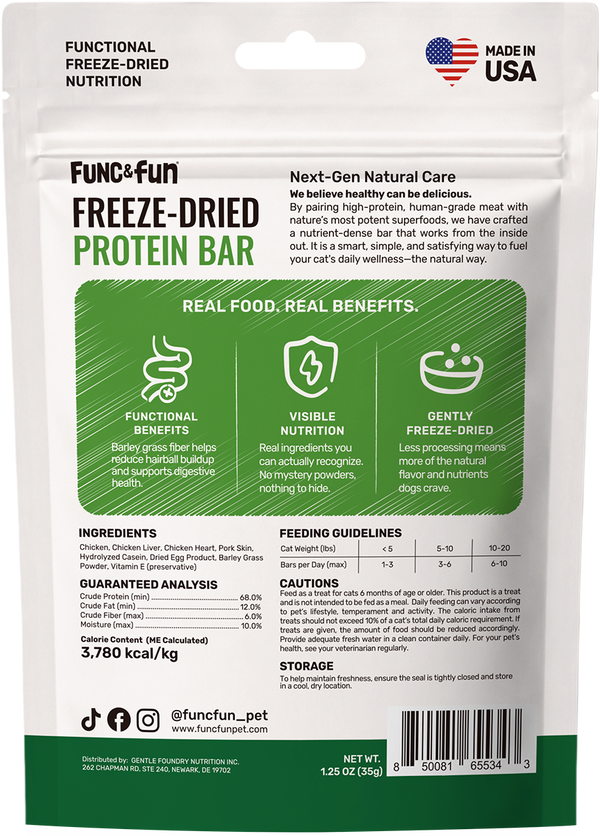 Func&Fun Freeze-Dried Protein Bar Hairball Relief - Back Packaging with Ingredients